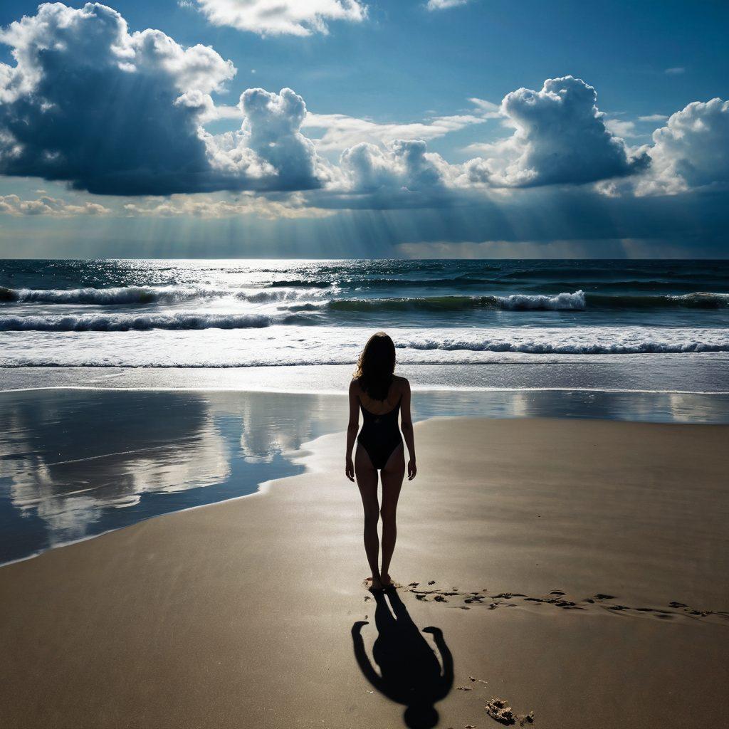 A solitary figure on a deserted beach, wearing a dark, stylish swimsuit that contrasts with the bright summer sun. The waves gently lap at their feet, while shadows cast by moody clouds create an atmosphere of introspection. Surrounding elements like seashells and dark sunglasses enhance the theme of melancholy fused with summer. The color palette features deep blues, blacks, and hints of gold from the sun's reflection. super-realistic. vibrant colors. soft focus.