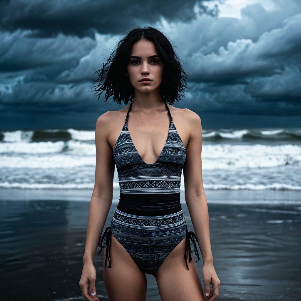 A serene beach scene depicting a figure in alternative, stylish swimwear that combines dark, moody colors with unique, artistic patterns, reflecting a mix of melancholy and fashion. The setting includes stormy clouds above, contrasting with the waves crashing softly on the shore, symbolizing emotional depth. The model's expression captures introspection while expressing confidence, emphasizing the theme of embracing sadness through style. The overall atmosphere is both tranquil and edgy, inviting the viewer to reflect on the beauty of melancholy. super-realistic. vibrant colors. moody atmosphere.